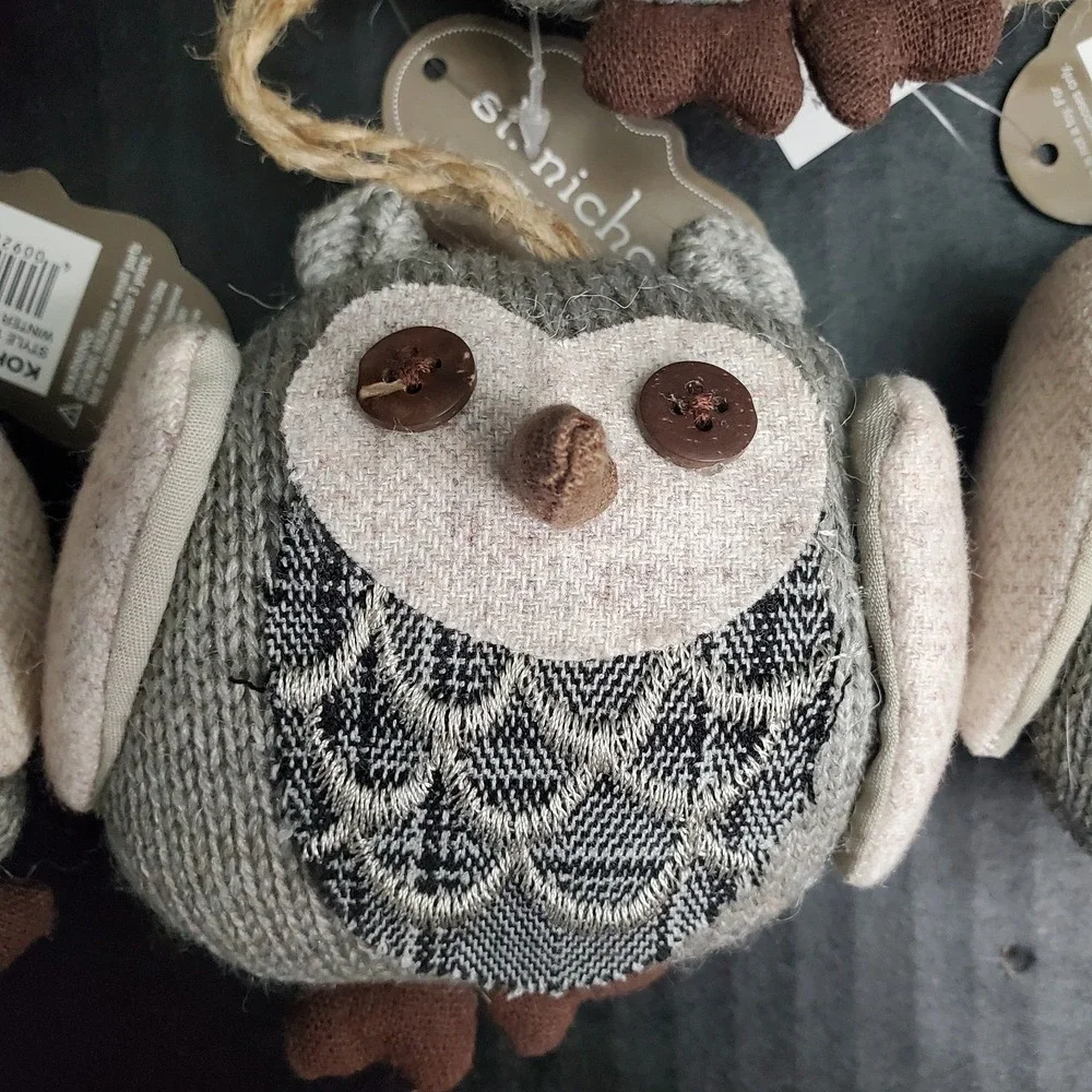 Gray Sweater Knit Owl Plush Ornaments Set Of 5 Stuffed 3.5